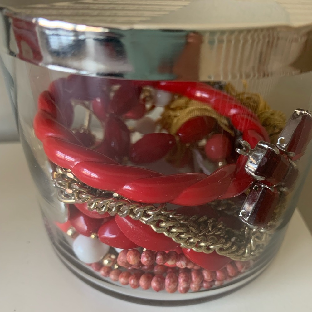 Vintage Mystery 4th of July Jewelry Jar Gold Red Pink necklaces bracelets